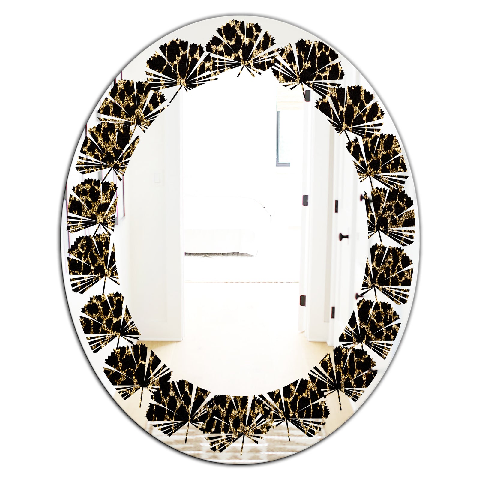 Leopard Fur Safari V - Modern Round or Oval Wall Mirror - Leaves