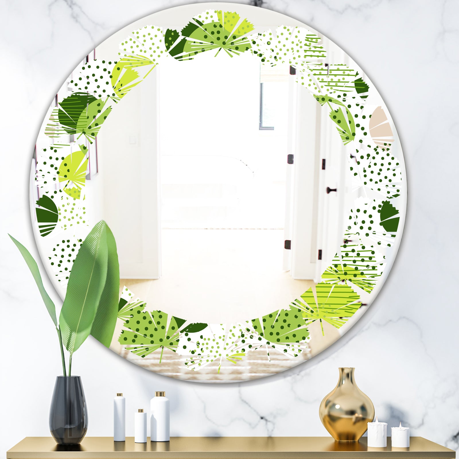 Circular Abstract Retro Geometric X - Modern Round or Oval Wall Mirror - Leaves