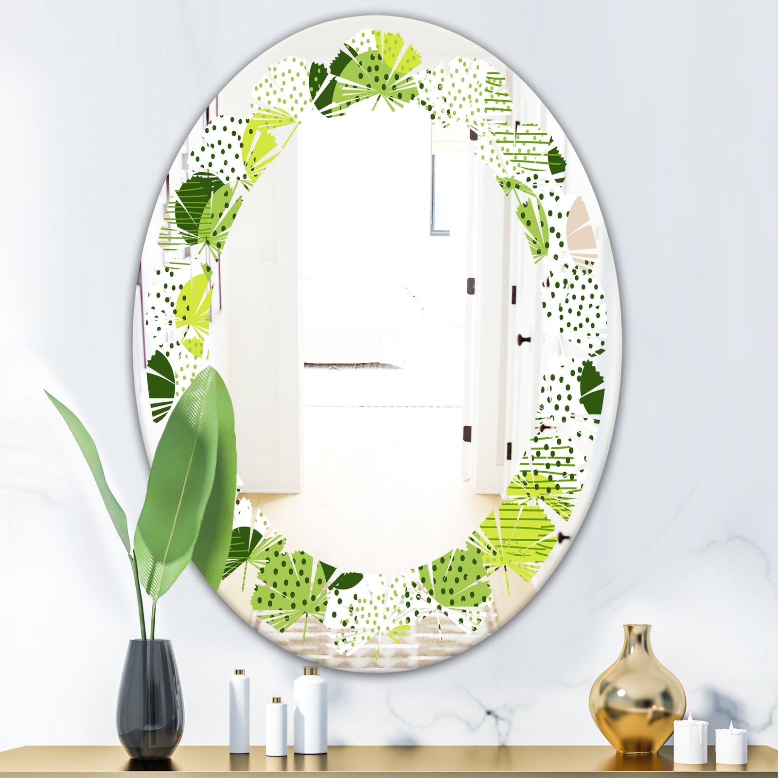 Circular Abstract Retro Geometric X - Modern Round or Oval Wall Mirror - Leaves