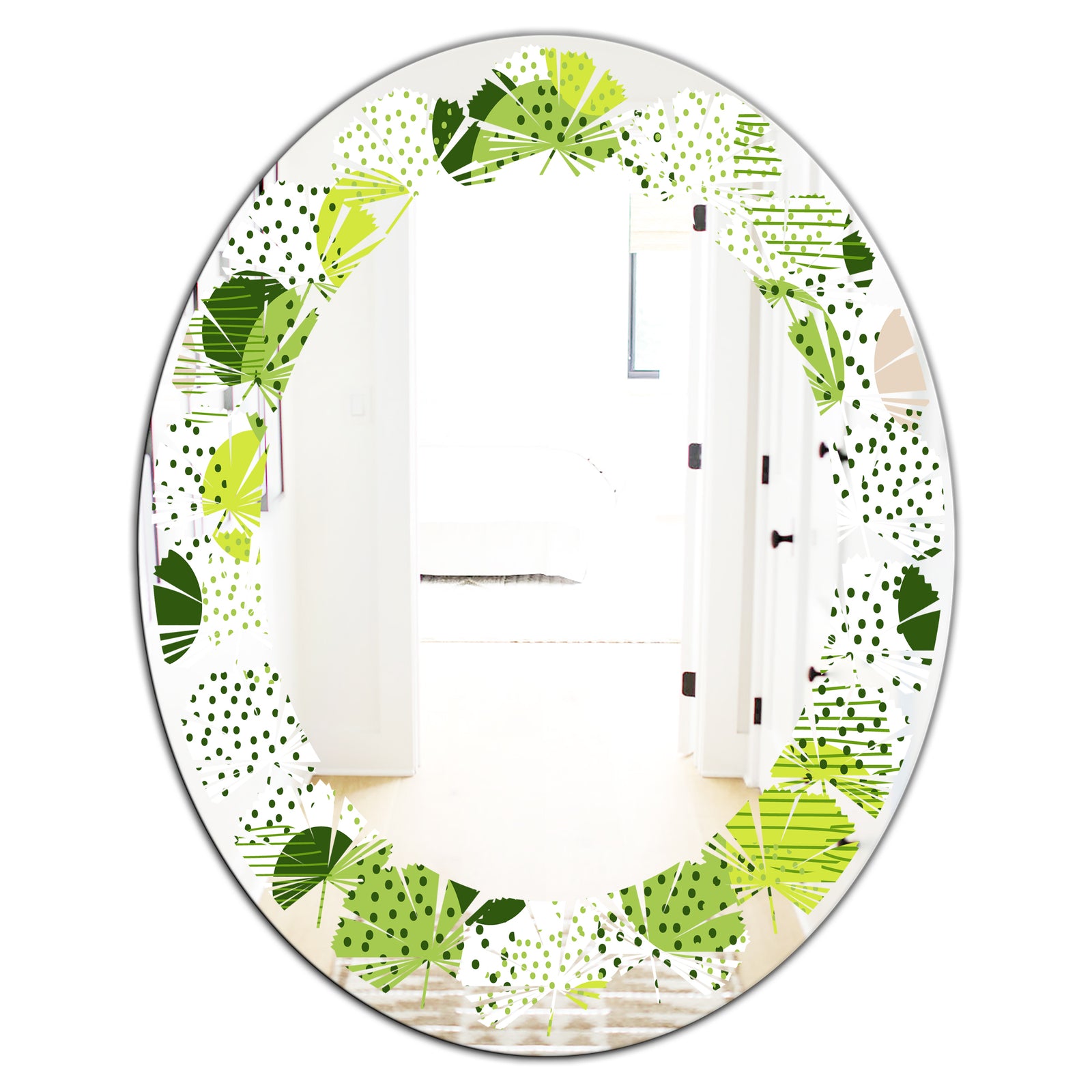 Circular Abstract Retro Geometric X - Modern Round or Oval Wall Mirror - Leaves