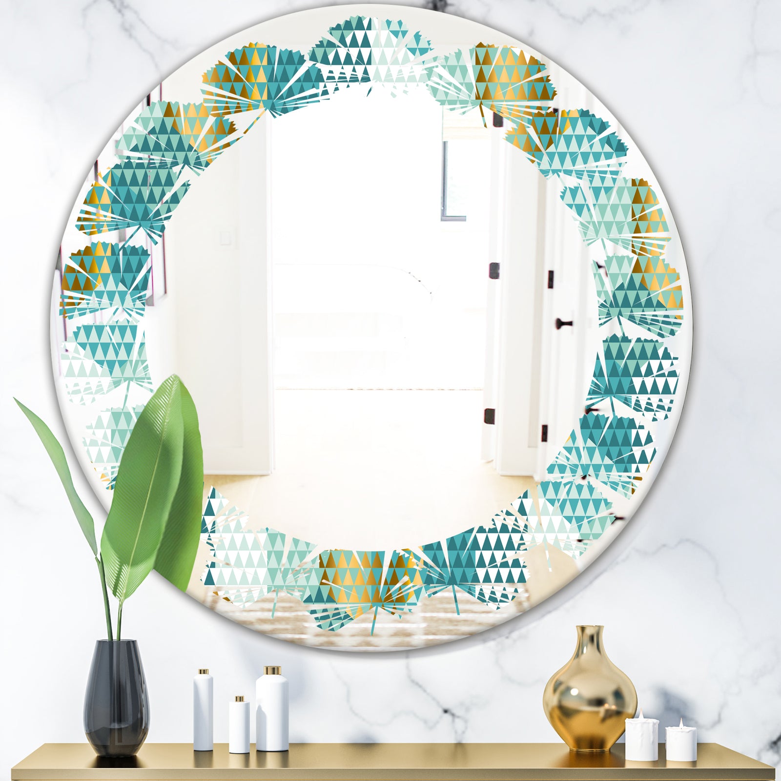 Retro Hexagon Pattern IV - Modern Round or Oval Wall Mirror - Leaves