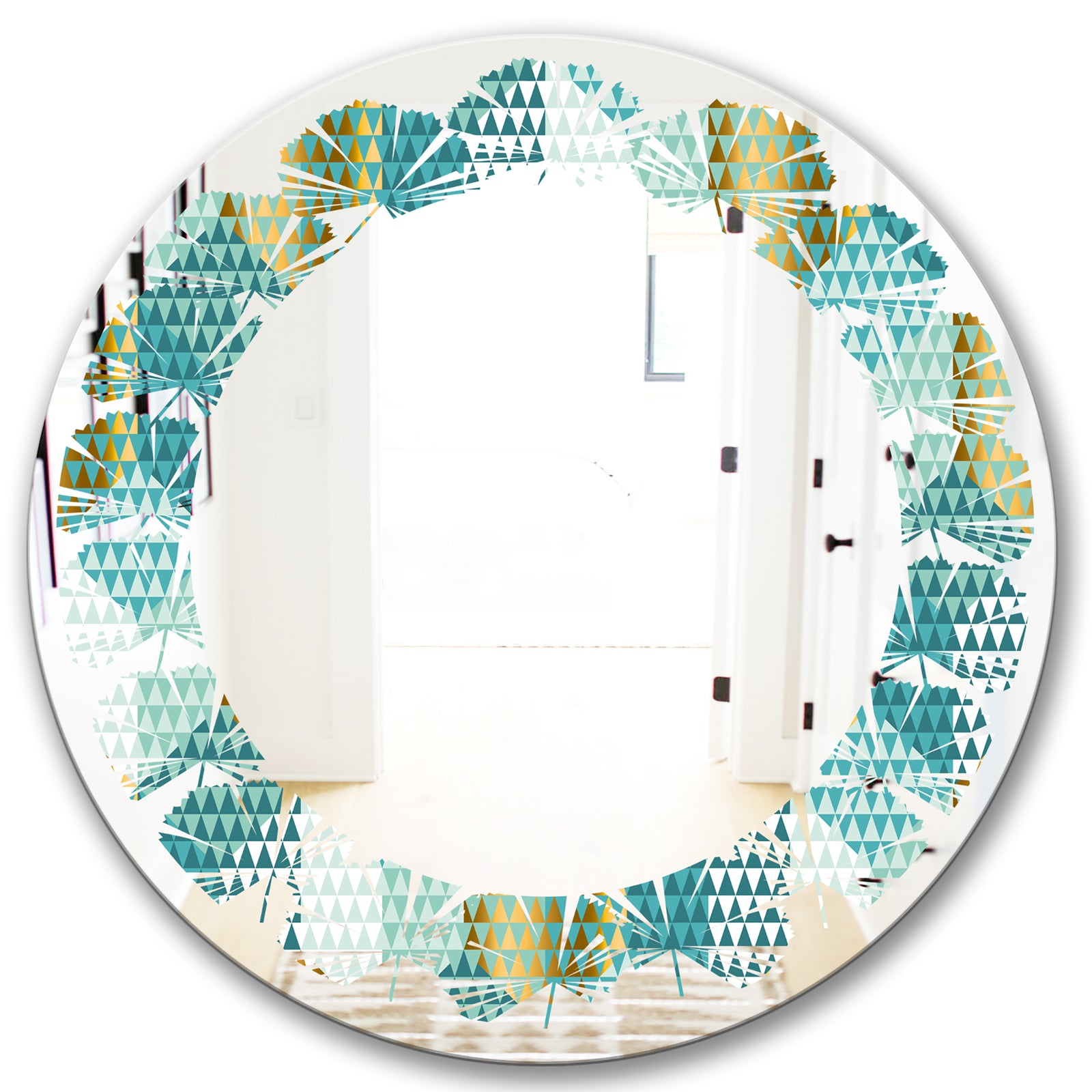 Retro Hexagon Pattern IV - Modern Round or Oval Wall Mirror - Leaves