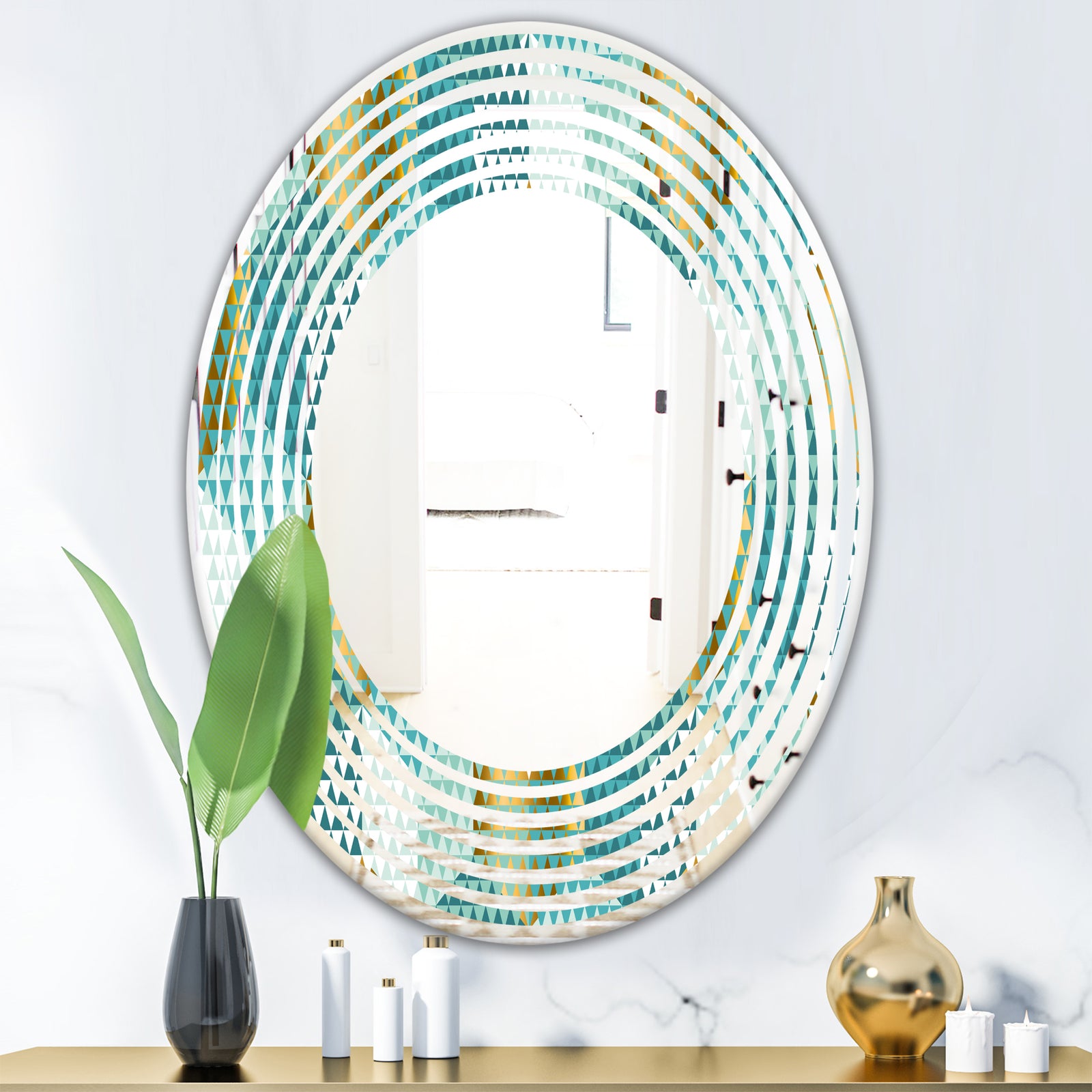 Retro Hexagon Pattern IV - Modern Round or Oval Wall Mirror - Wave