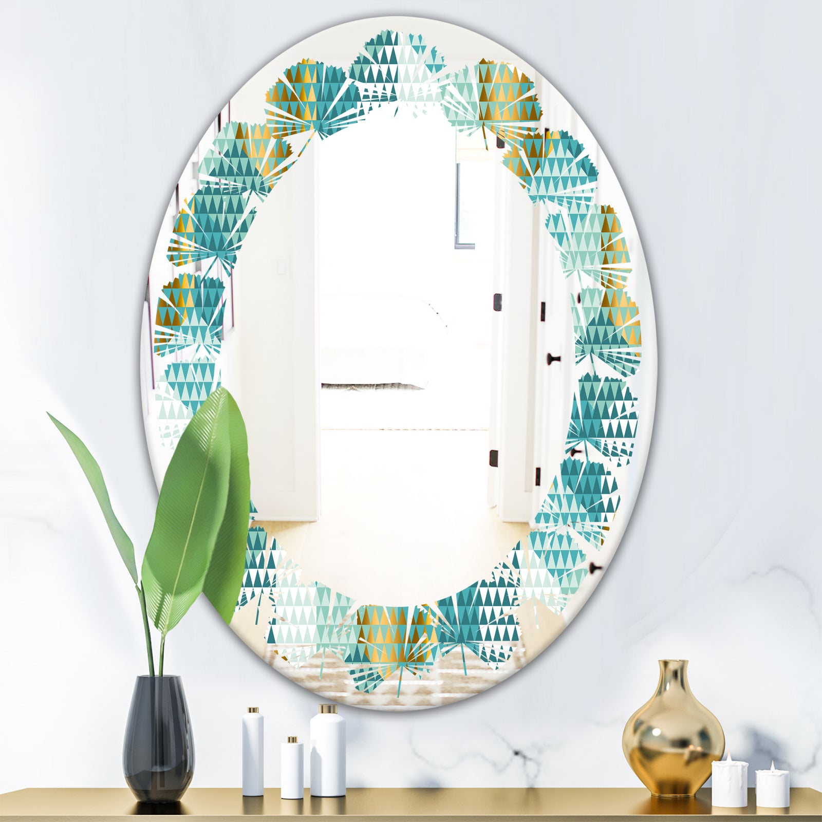 Retro Hexagon Pattern IV - Modern Round or Oval Wall Mirror - Leaves