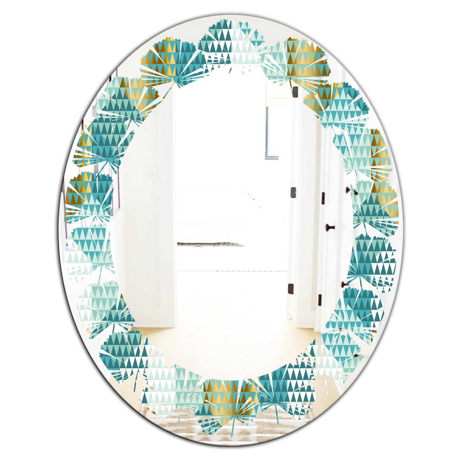 Retro Hexagon Pattern IV - Modern Round or Oval Wall Mirror - Leaves