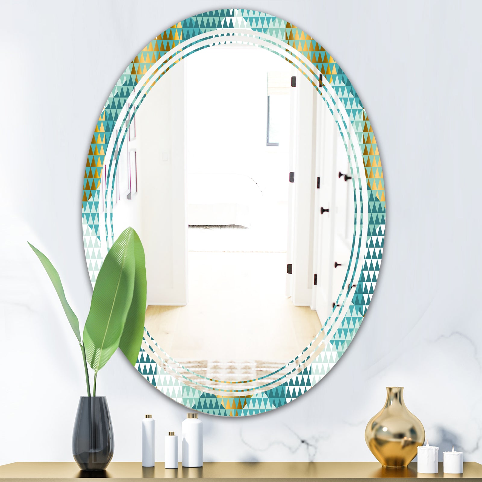 Retro Hexagon Pattern IV - Modern Round or Oval Wall Mirror - Triple C