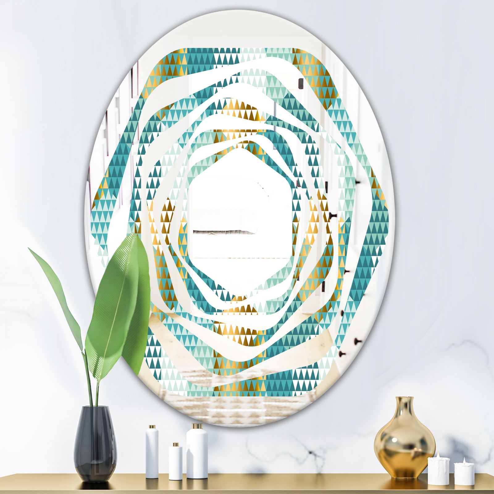 Retro Hexagon Pattern IV - Modern Round or Oval Wall Mirror - Whirl