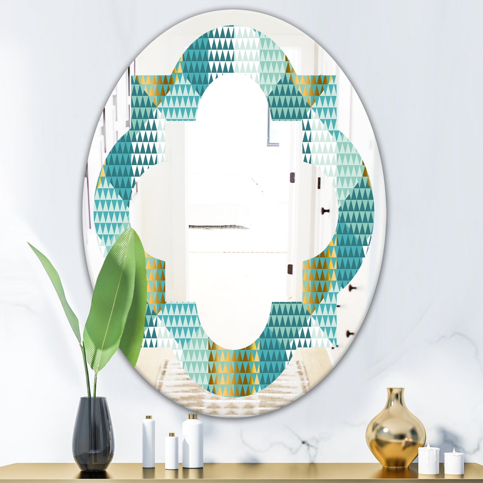 Retro Hexagon Pattern IV - Modern Round or Oval Wall Mirror - Quatrefoil