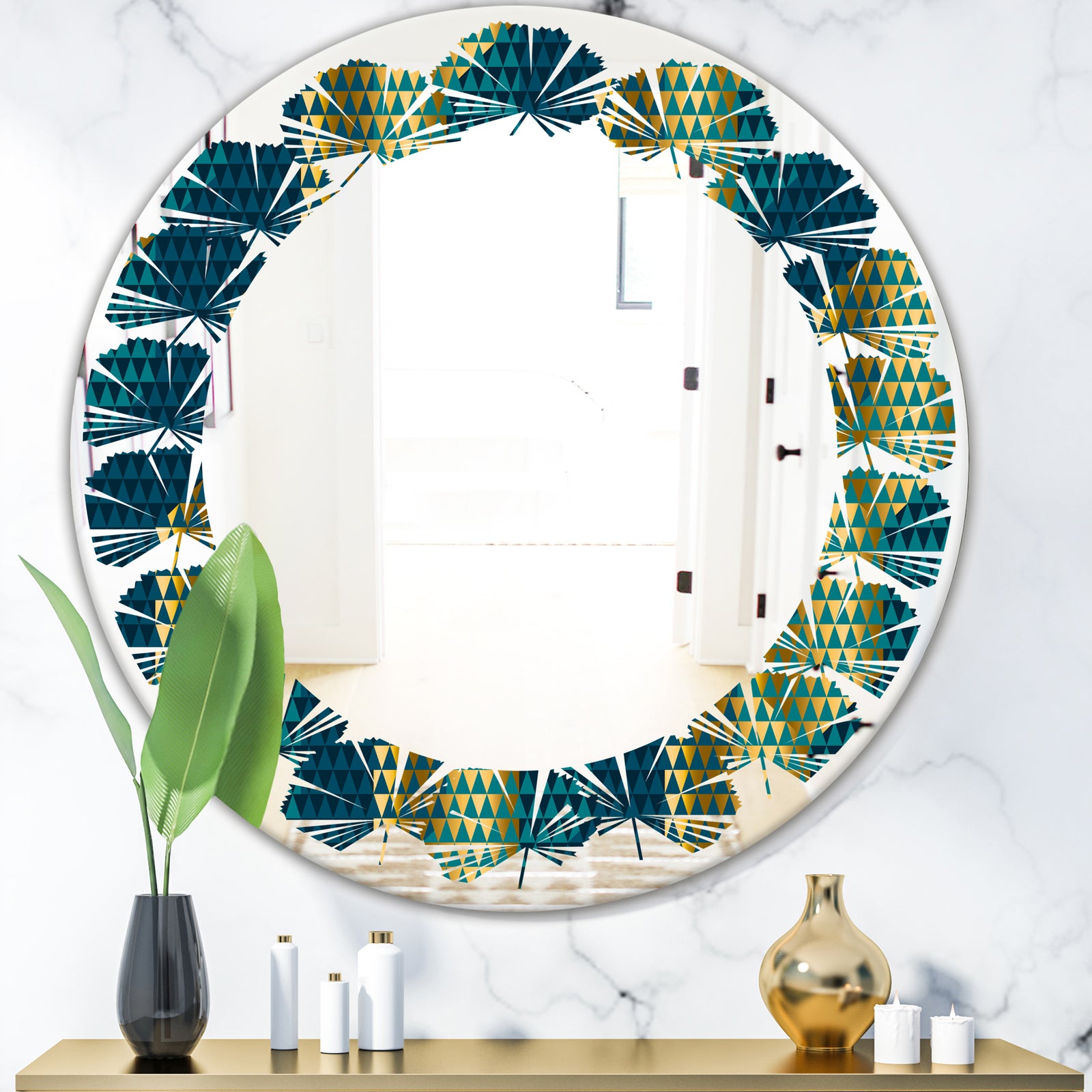 Retro Hexagon Pattern V - Modern Round or Oval Wall Mirror - Leaves