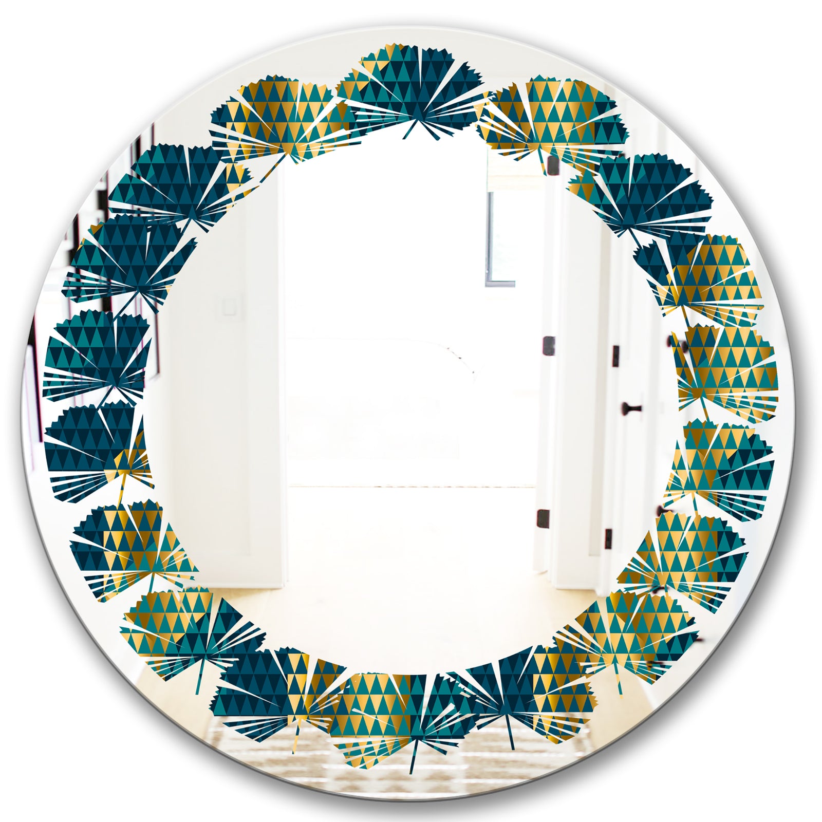 Retro Hexagon Pattern V - Modern Round or Oval Wall Mirror - Leaves