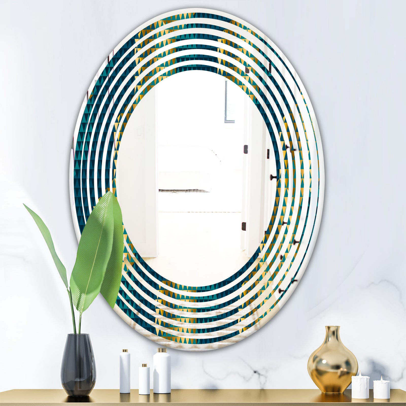 Retro Hexagon Pattern V - Modern Round or Oval Wall Mirror - Wave