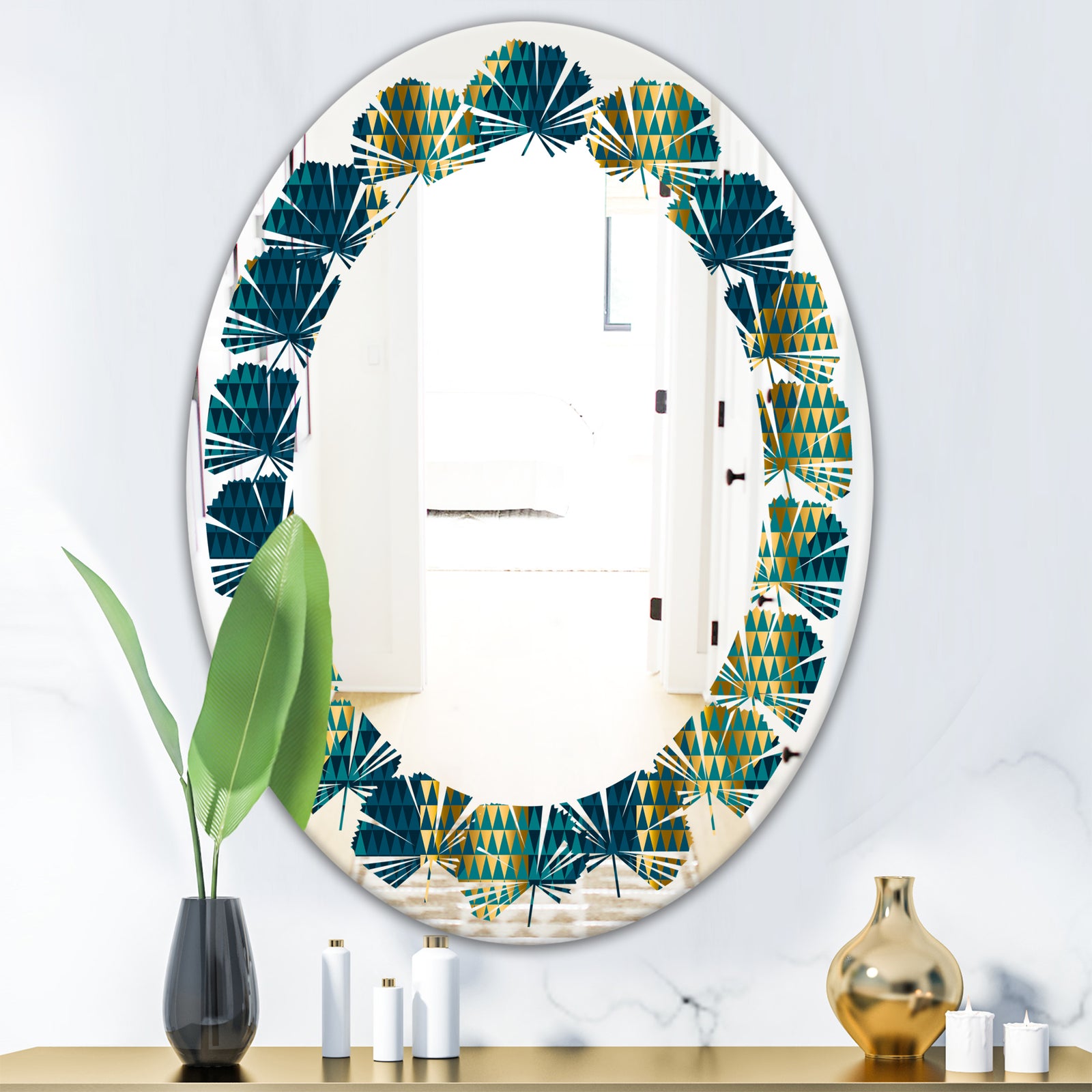 Retro Hexagon Pattern V - Modern Round or Oval Wall Mirror - Leaves