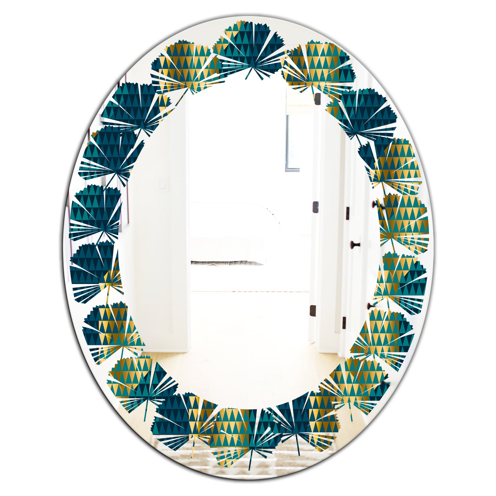 Retro Hexagon Pattern V - Modern Round or Oval Wall Mirror - Leaves