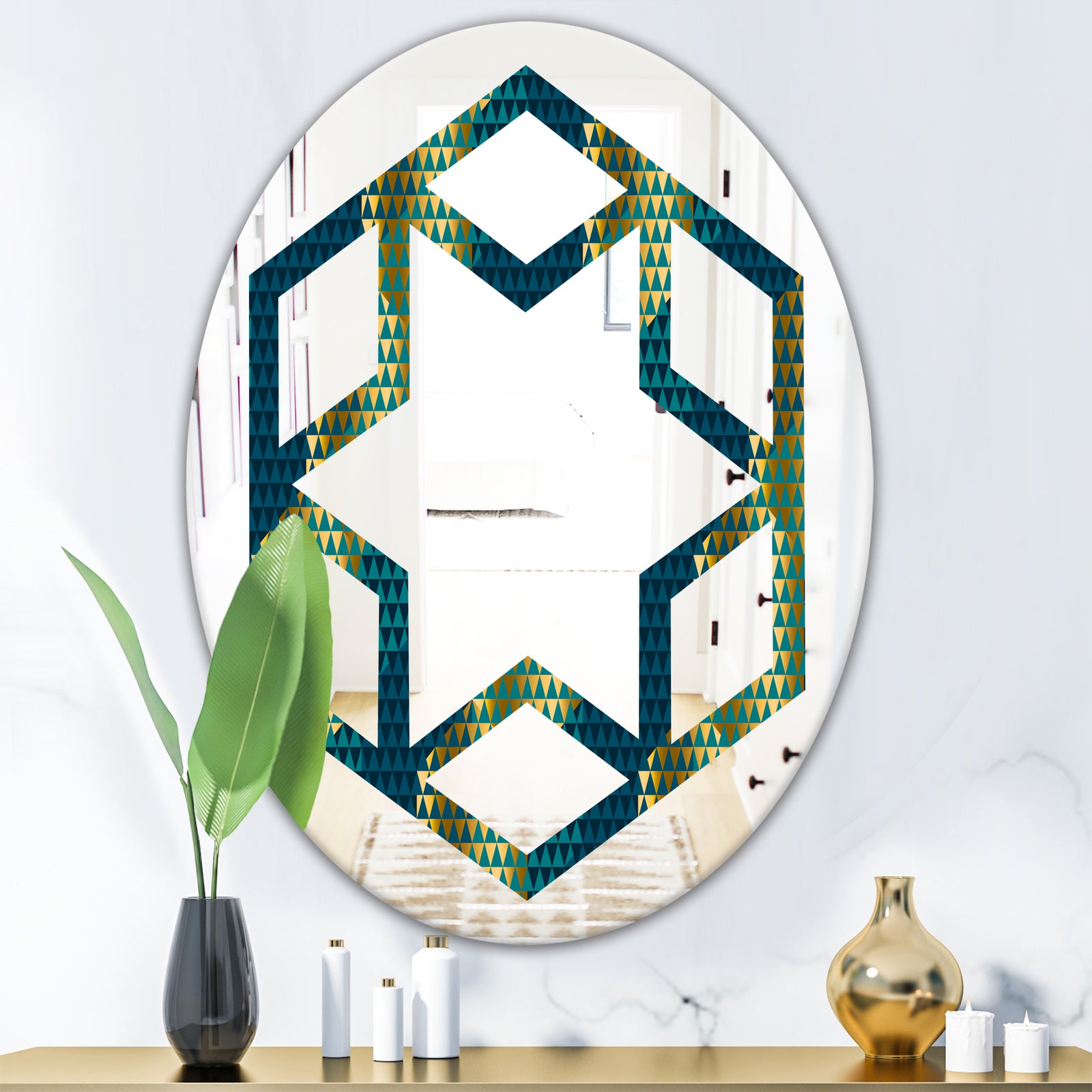 Retro Hexagon Pattern V - Modern Round or Oval Wall Mirror - Hexagon Star