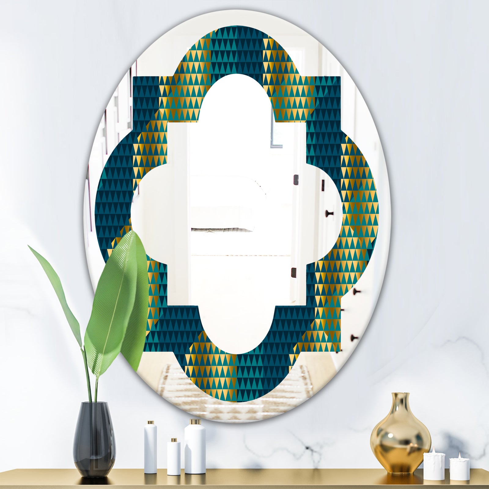 Retro Hexagon Pattern V - Modern Round or Oval Wall Mirror - Quatrefoil