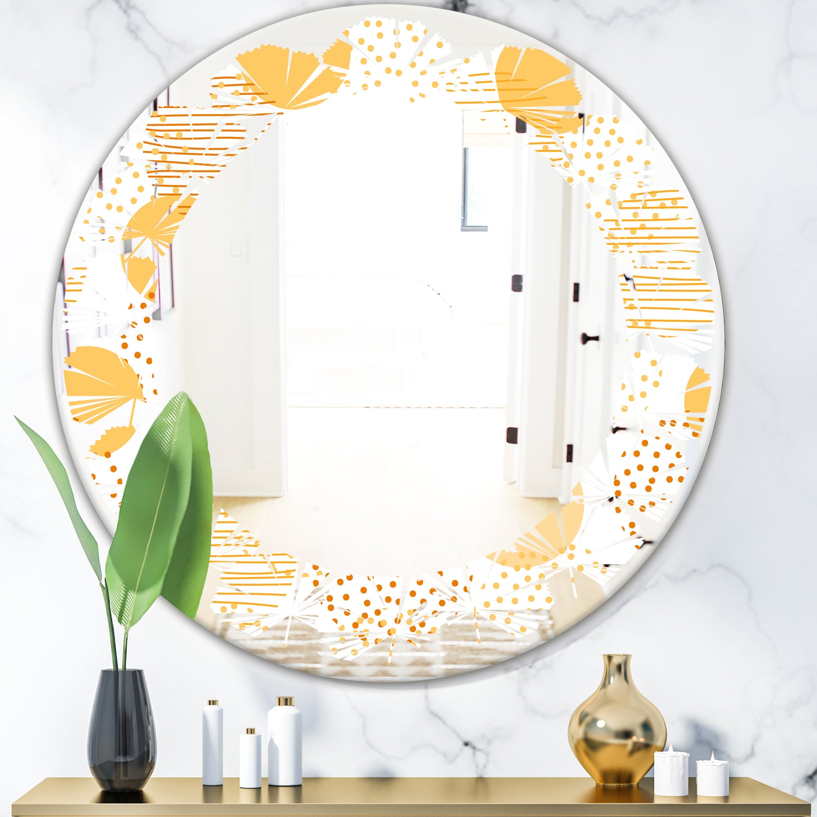 Circular Abstract Retro Geometric IX - Modern Round or Oval Wall Mirror - Leaves