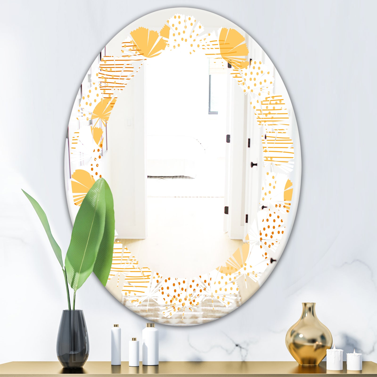 Circular Abstract Retro Geometric IX - Modern Round or Oval Wall Mirror - Leaves