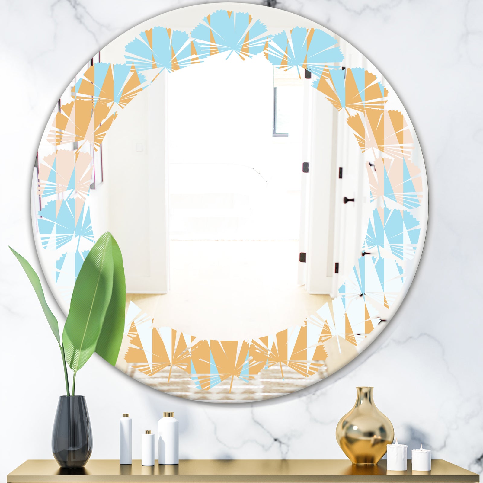 Retro Abstract Design VI - Modern Round or Oval Wall Mirror - Leaves