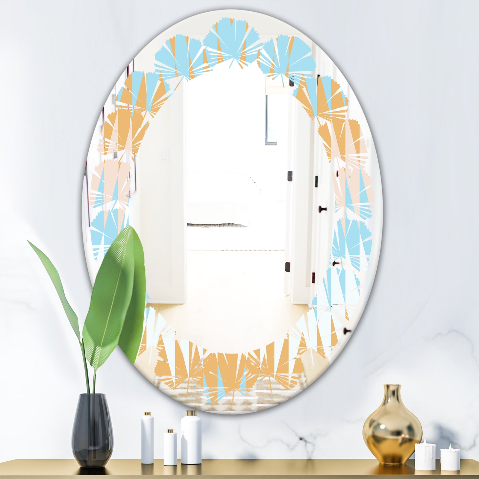 Retro Abstract Design VI - Modern Round or Oval Wall Mirror - Leaves