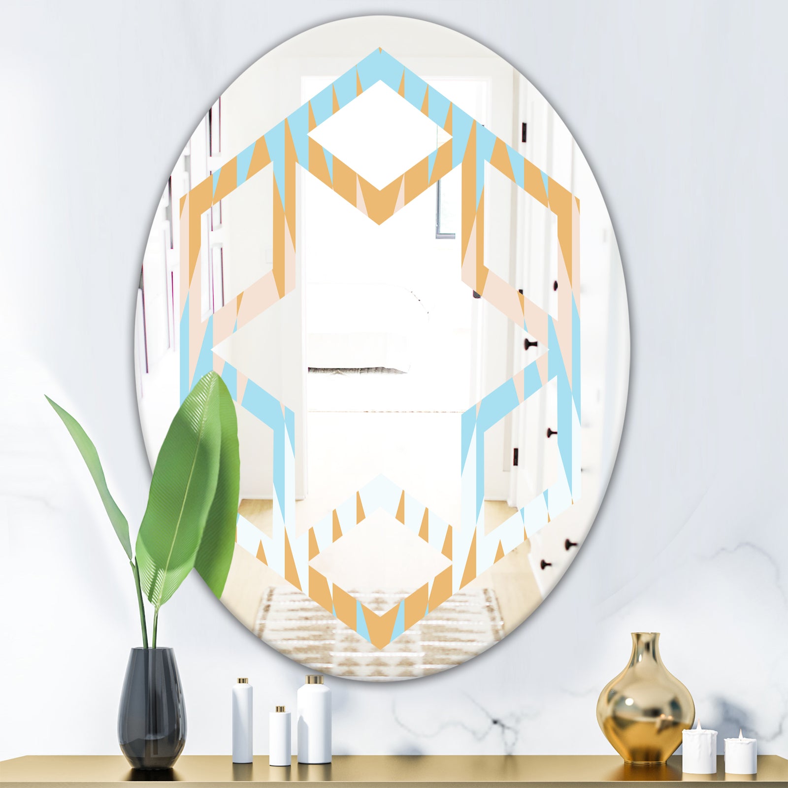 Retro Abstract Design VI - Modern Round or Oval Wall Mirror - Hexagon Star