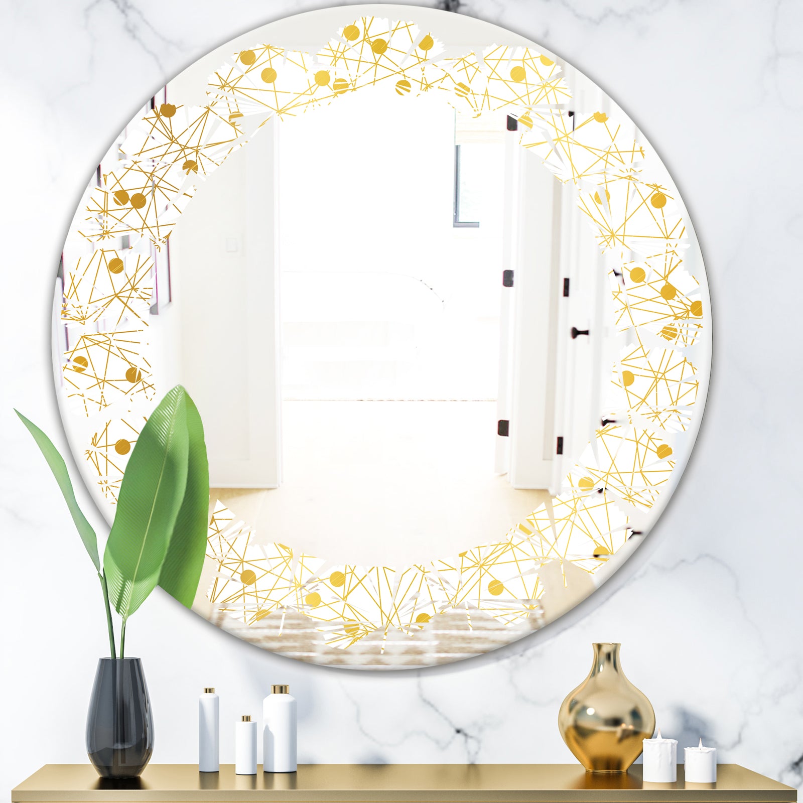 Golden Maze II - Modern Round or Oval Wall Mirror - Leaves