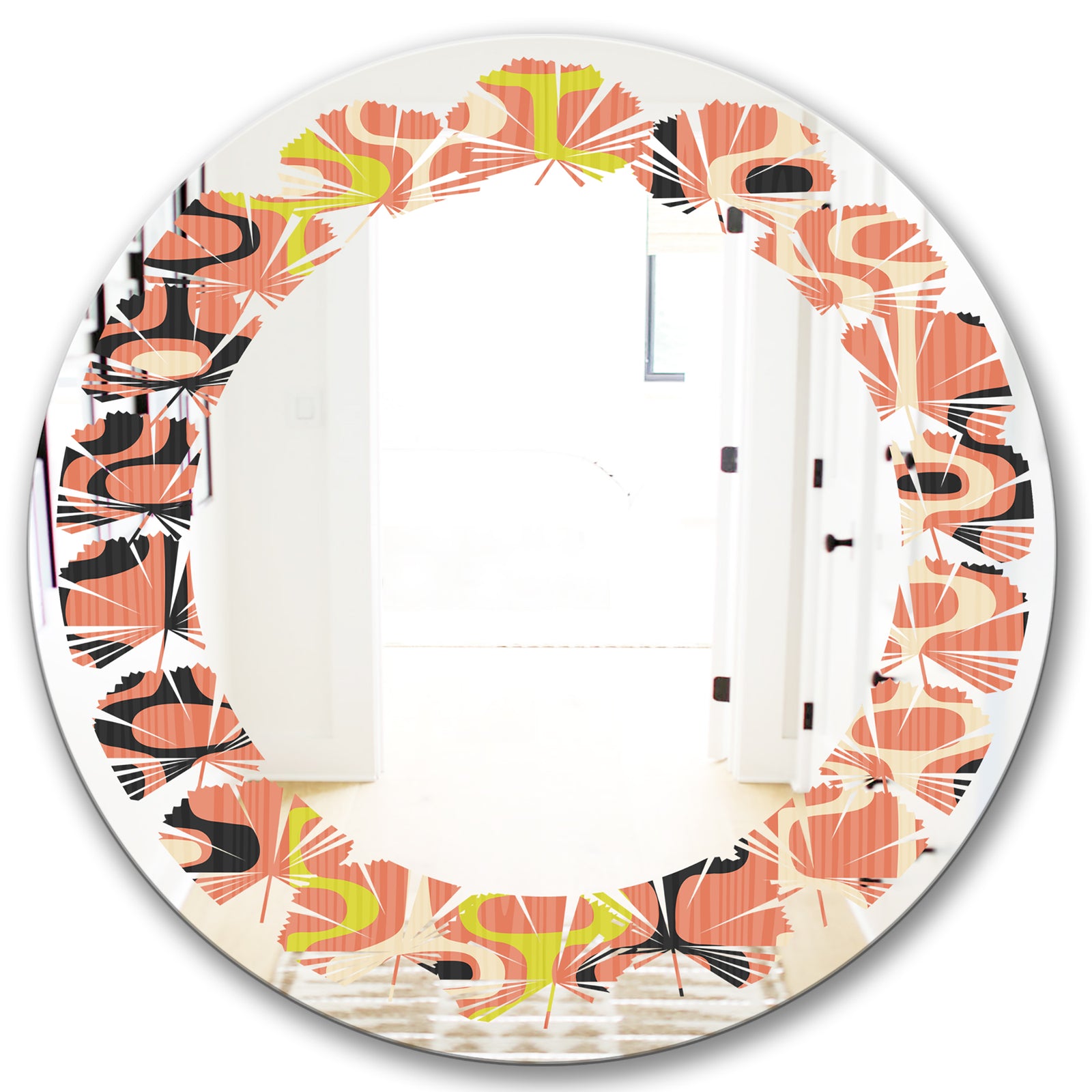 Retro Abstract Design XIII - Modern Round or Oval Wall Mirror - Leaves