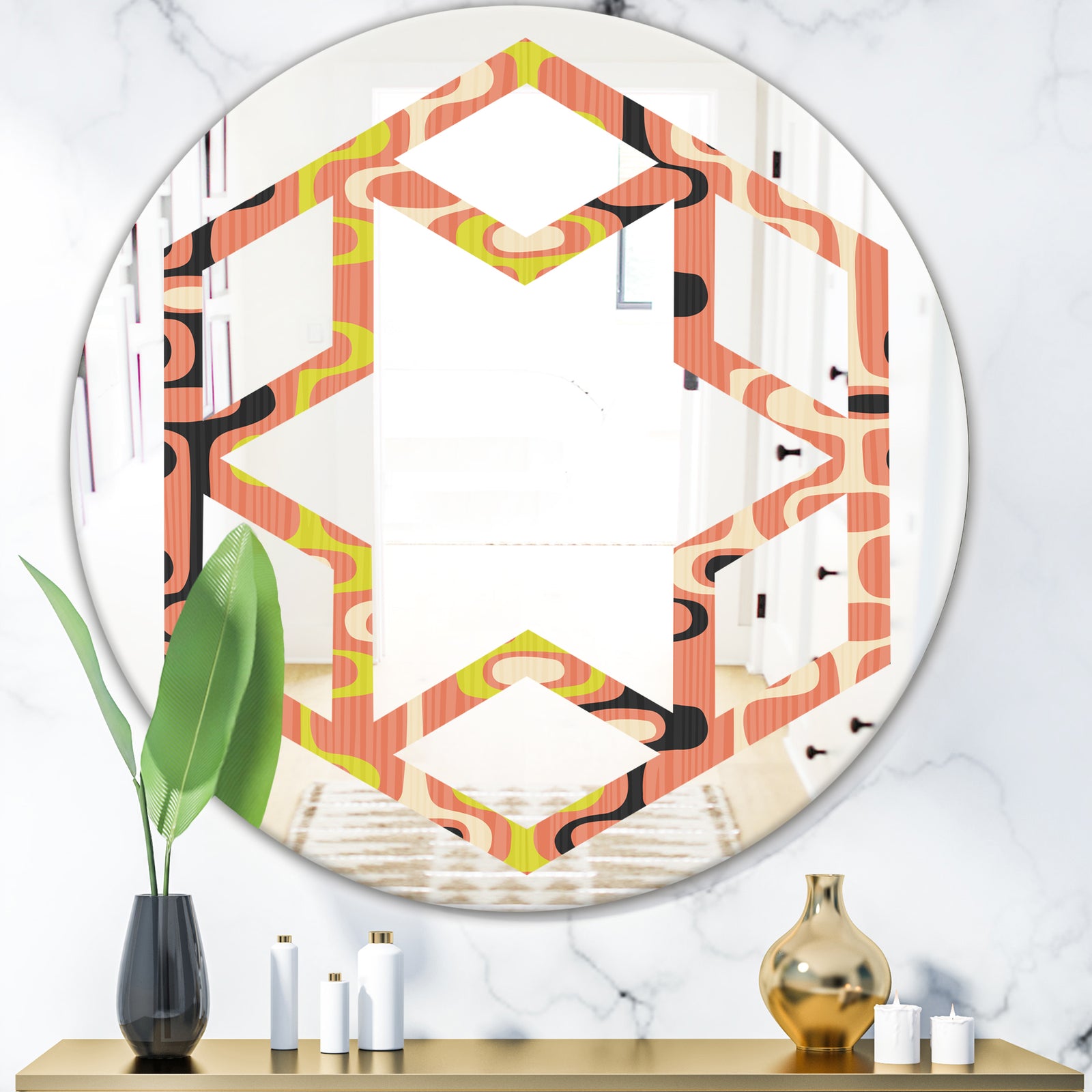 Retro Abstract Design XIII - Modern Round or Oval Wall Mirror - Hexagon Star