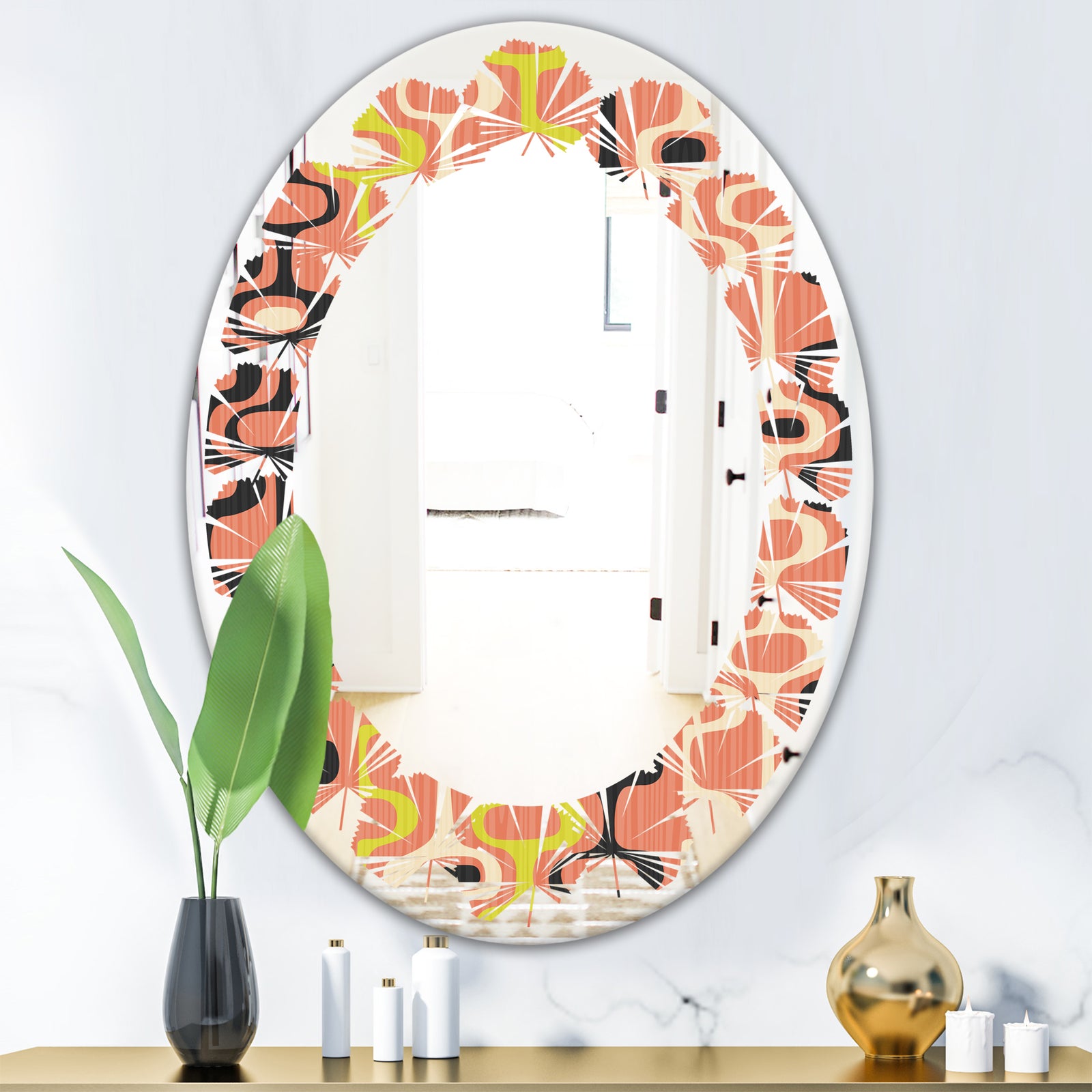 Retro Abstract Design XIII - Modern Round or Oval Wall Mirror - Leaves