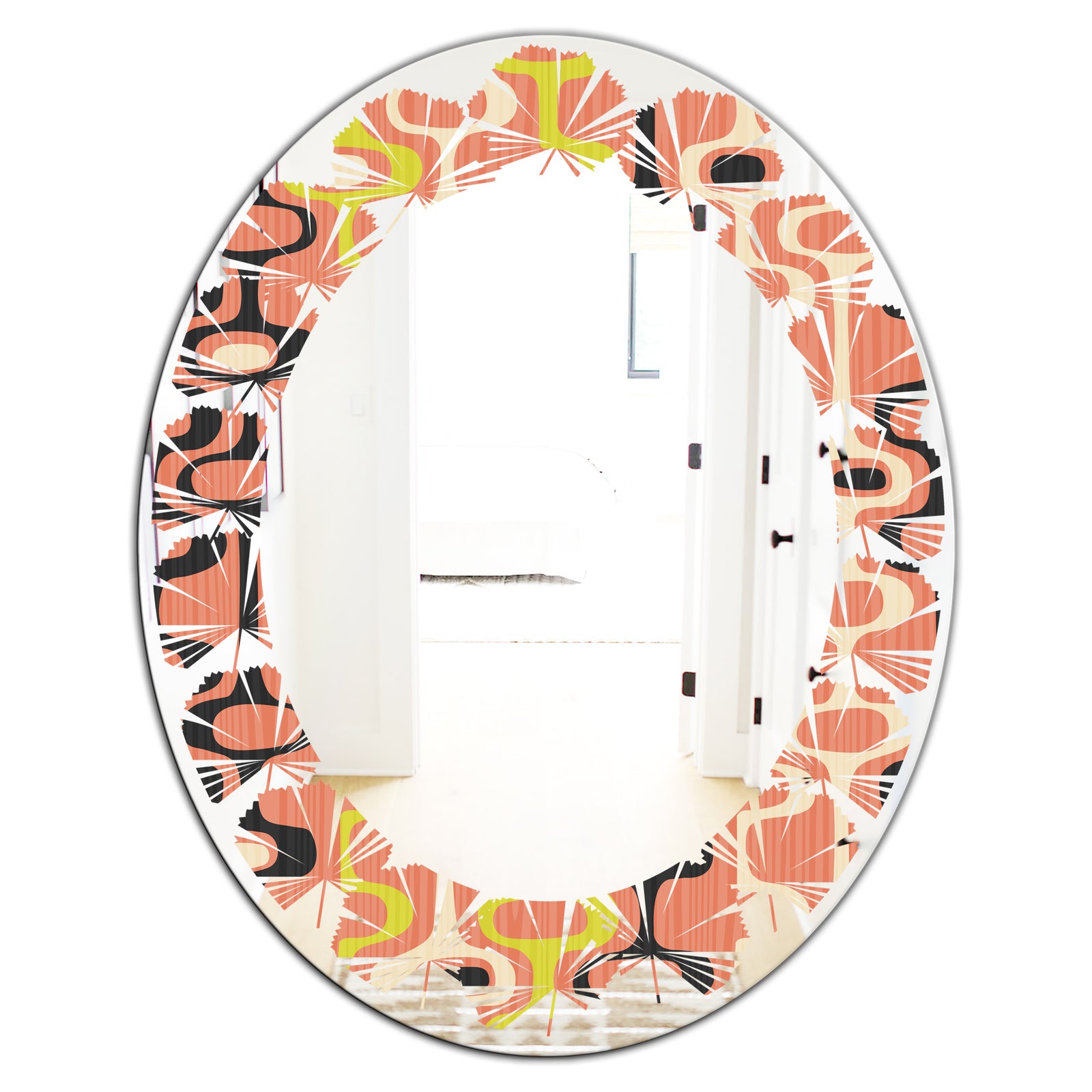 Retro Abstract Design XIII - Modern Round or Oval Wall Mirror - Leaves