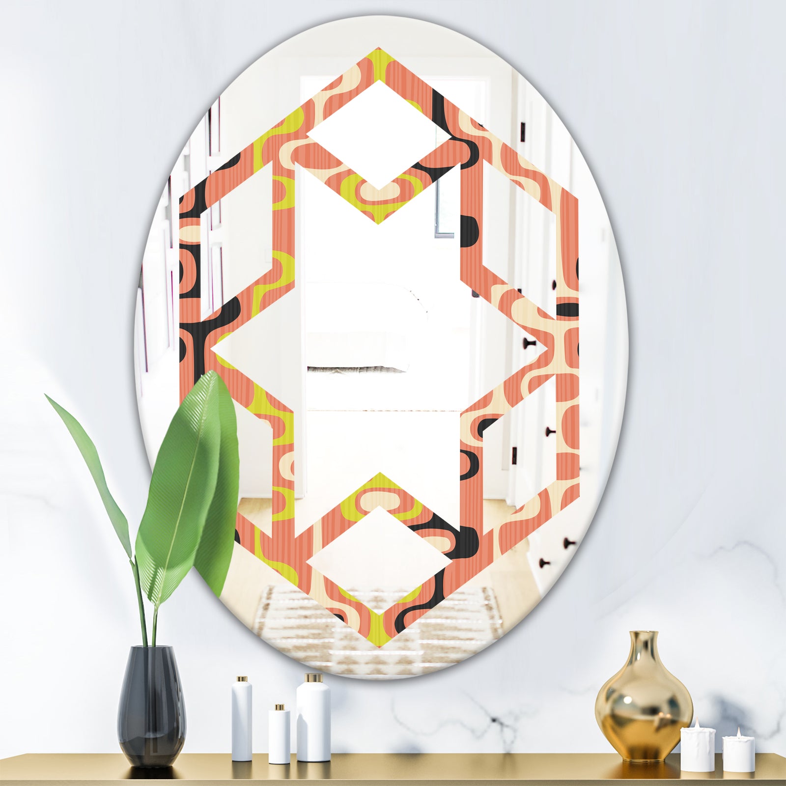 Retro Abstract Design XIII - Modern Round or Oval Wall Mirror - Hexagon Star