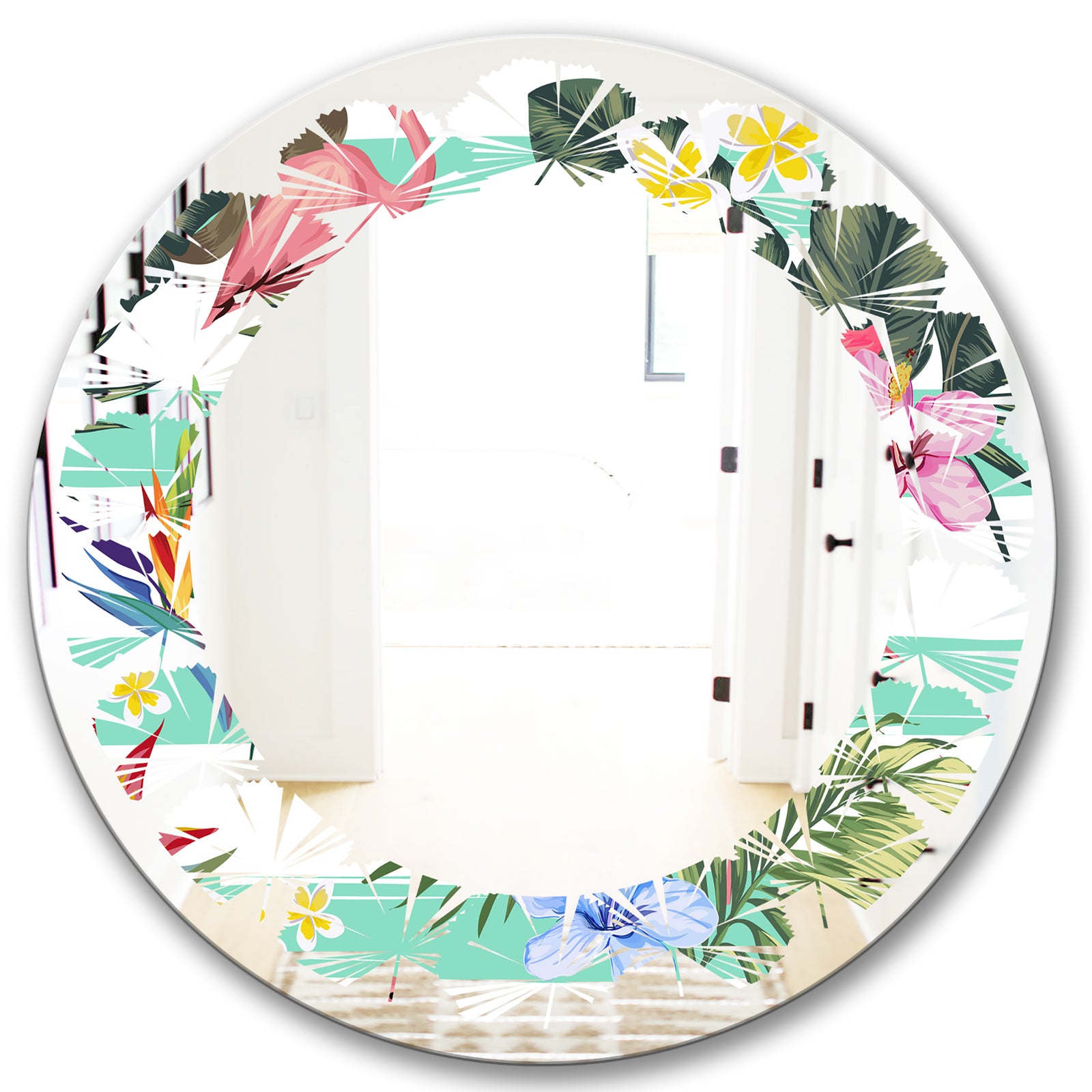 Tropical Botanicals, Flowers and Flamingo - Modern Round or Oval Wall Mirror - Leaves