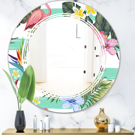 Tropical Botanicals, Flowers and Flamingo - Modern Round or Oval Wall Mirror - Triple C