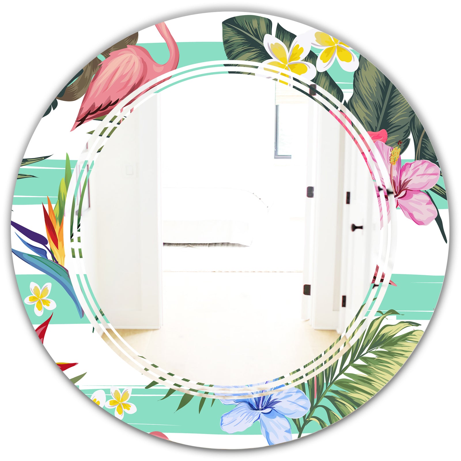 Tropical Botanicals, Flowers and Flamingo - Modern Round or Oval Wall Mirror - Triple C