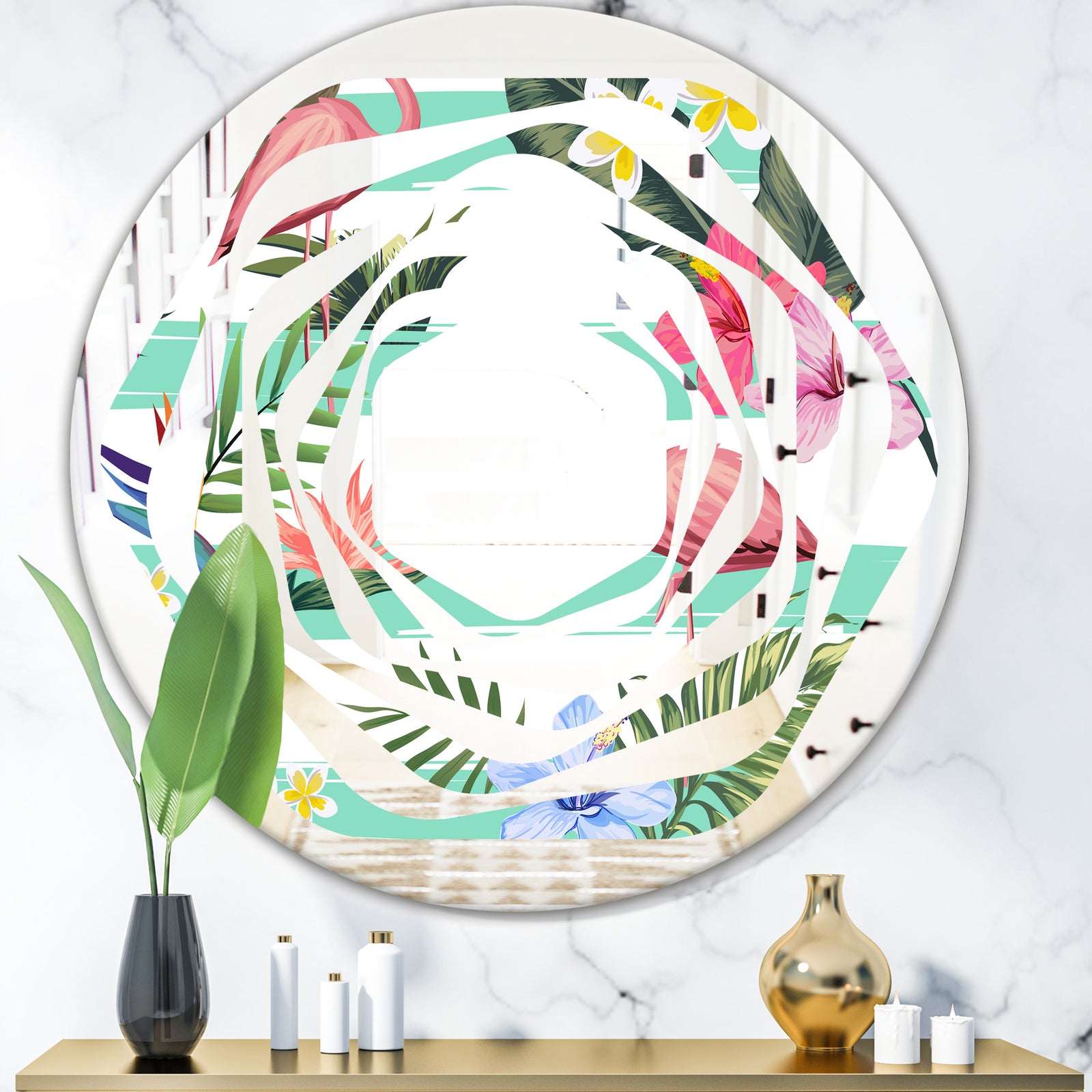 Tropical Botanicals, Flowers and Flamingo - Modern Round or Oval Wall Mirror - Whirl