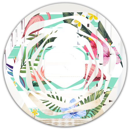 Tropical Botanicals, Flowers and Flamingo - Modern Round or Oval Wall Mirror - Whirl