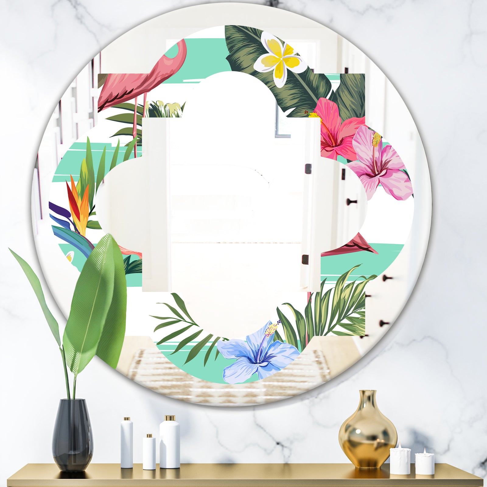 Tropical Botanicals, Flowers and Flamingo - Modern Round or Oval Wall Mirror - Quatrefoil