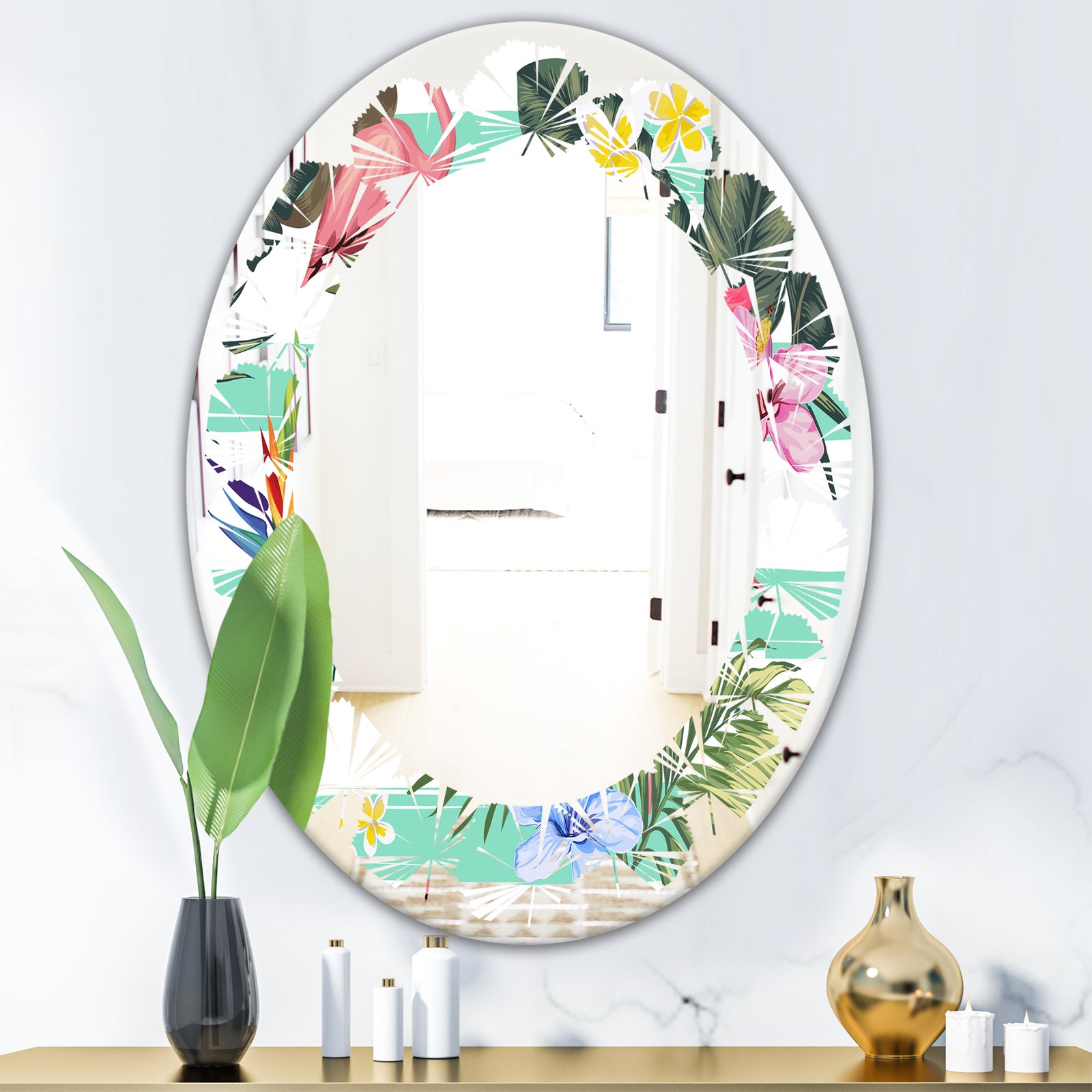 Tropical Botanicals, Flowers and Flamingo - Modern Round or Oval Wall Mirror - Leaves