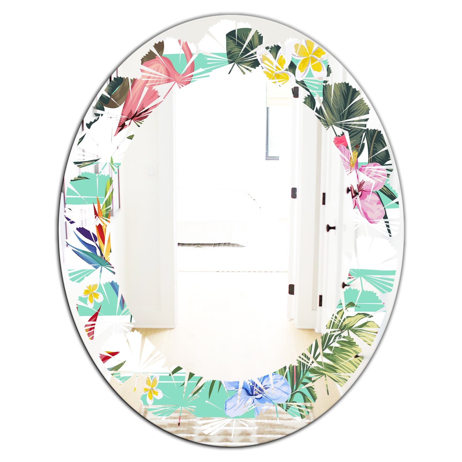 Tropical Botanicals, Flowers and Flamingo - Modern Round or Oval Wall Mirror - Leaves
