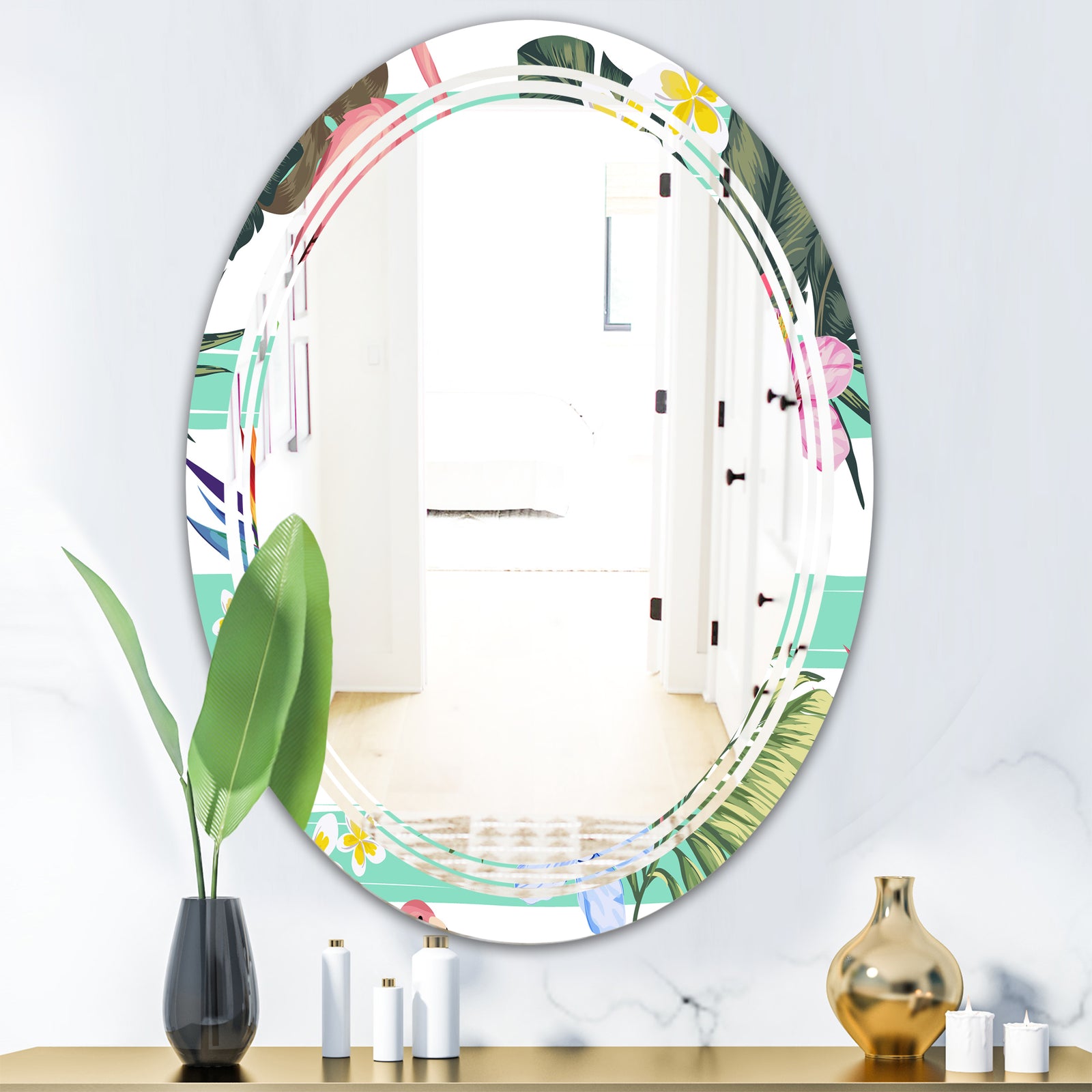 Tropical Botanicals, Flowers and Flamingo - Modern Round or Oval Wall Mirror - Triple C
