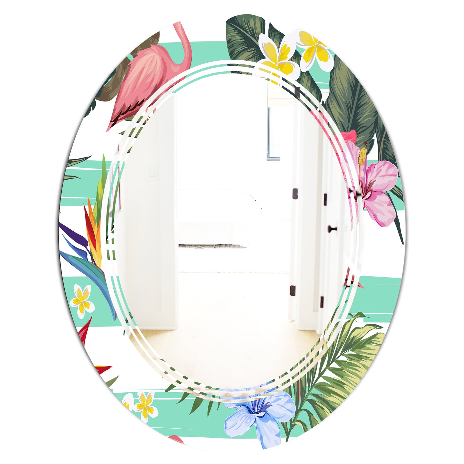 Tropical Botanicals, Flowers and Flamingo - Modern Round or Oval Wall Mirror - Triple C