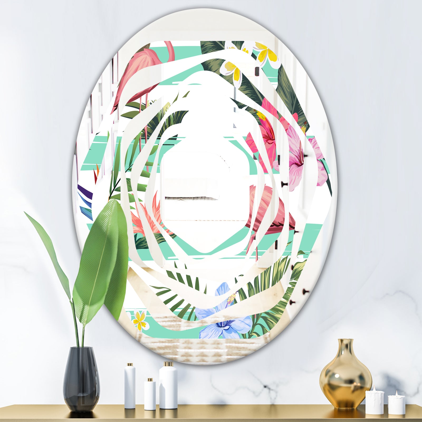 Tropical Botanicals, Flowers and Flamingo - Modern Round or Oval Wall Mirror - Whirl
