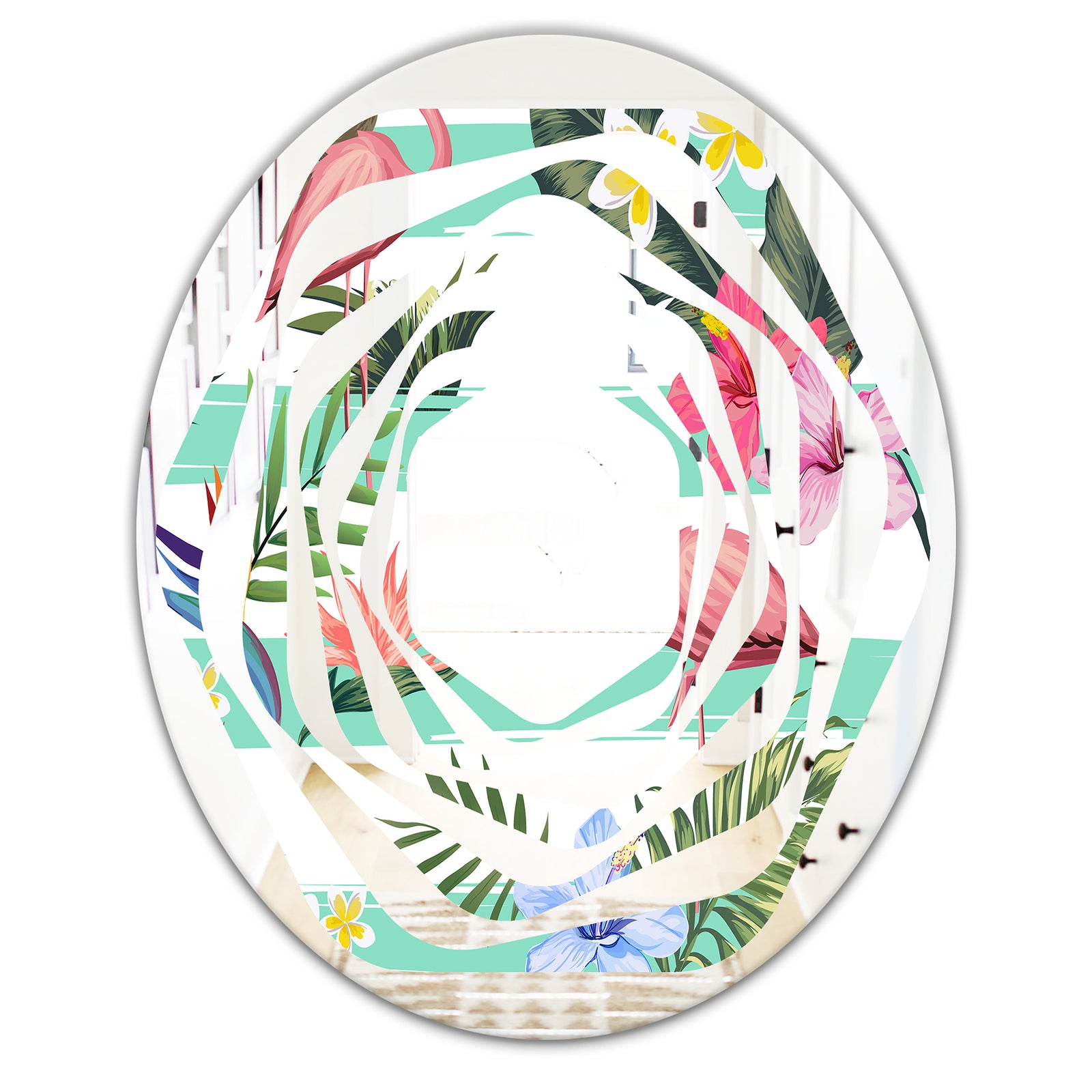 Tropical Botanicals, Flowers and Flamingo - Modern Round or Oval Wall Mirror - Whirl