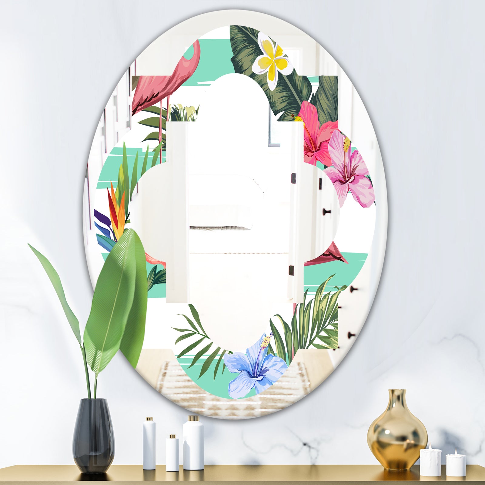 Tropical Botanicals, Flowers and Flamingo - Modern Round or Oval Wall Mirror - Quatrefoil