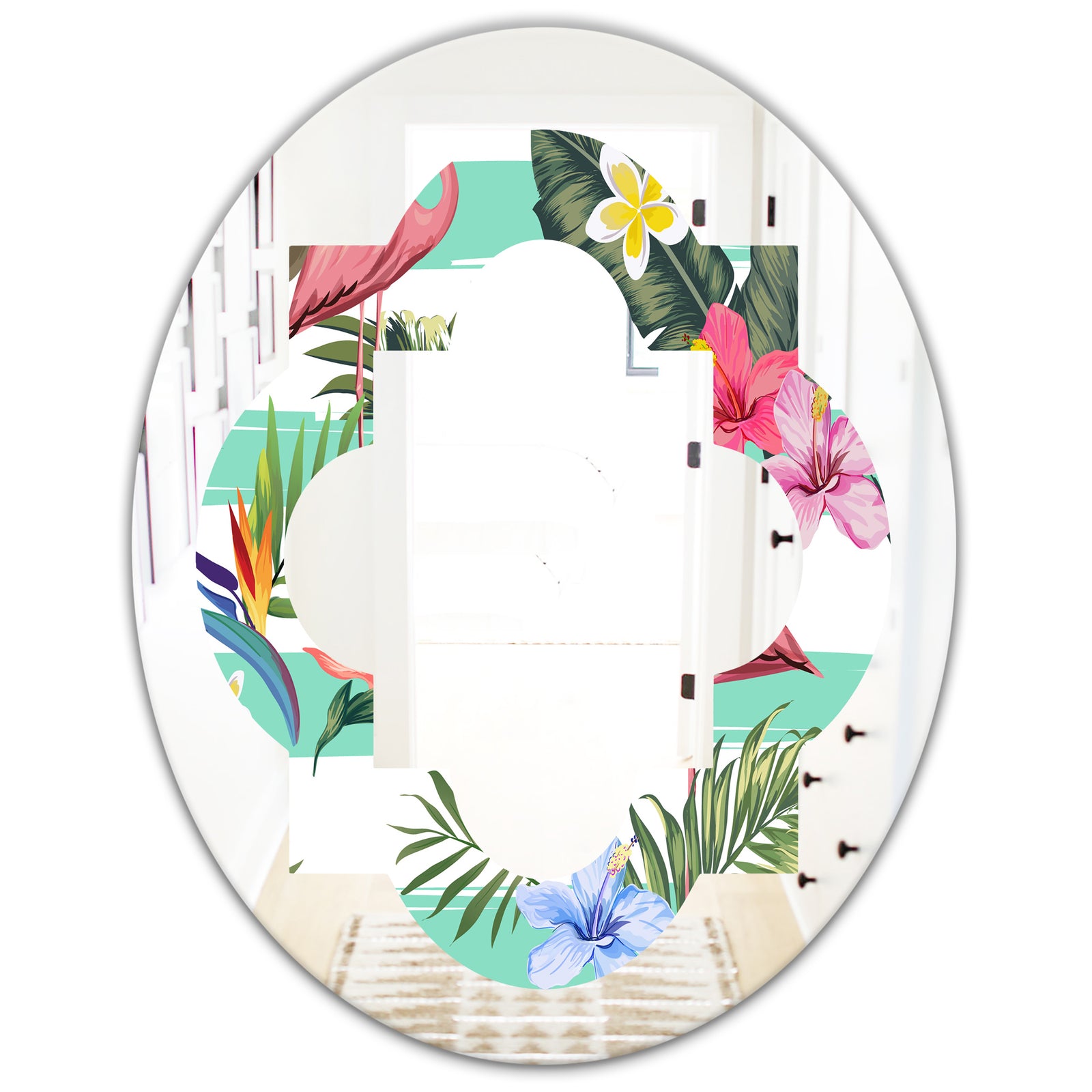 Tropical Botanicals, Flowers and Flamingo - Modern Round or Oval Wall Mirror - Quatrefoil