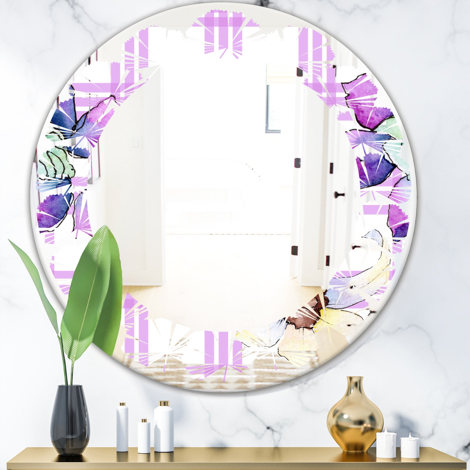 Floral Botanical Retro VII - Modern Round or Oval Wall Mirror - Leaves