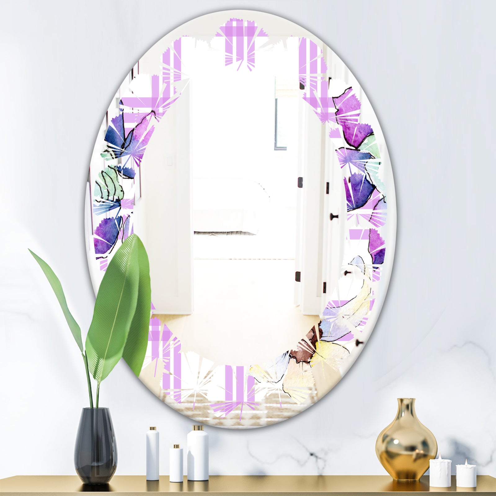 Floral Botanical Retro VII - Modern Round or Oval Wall Mirror - Leaves