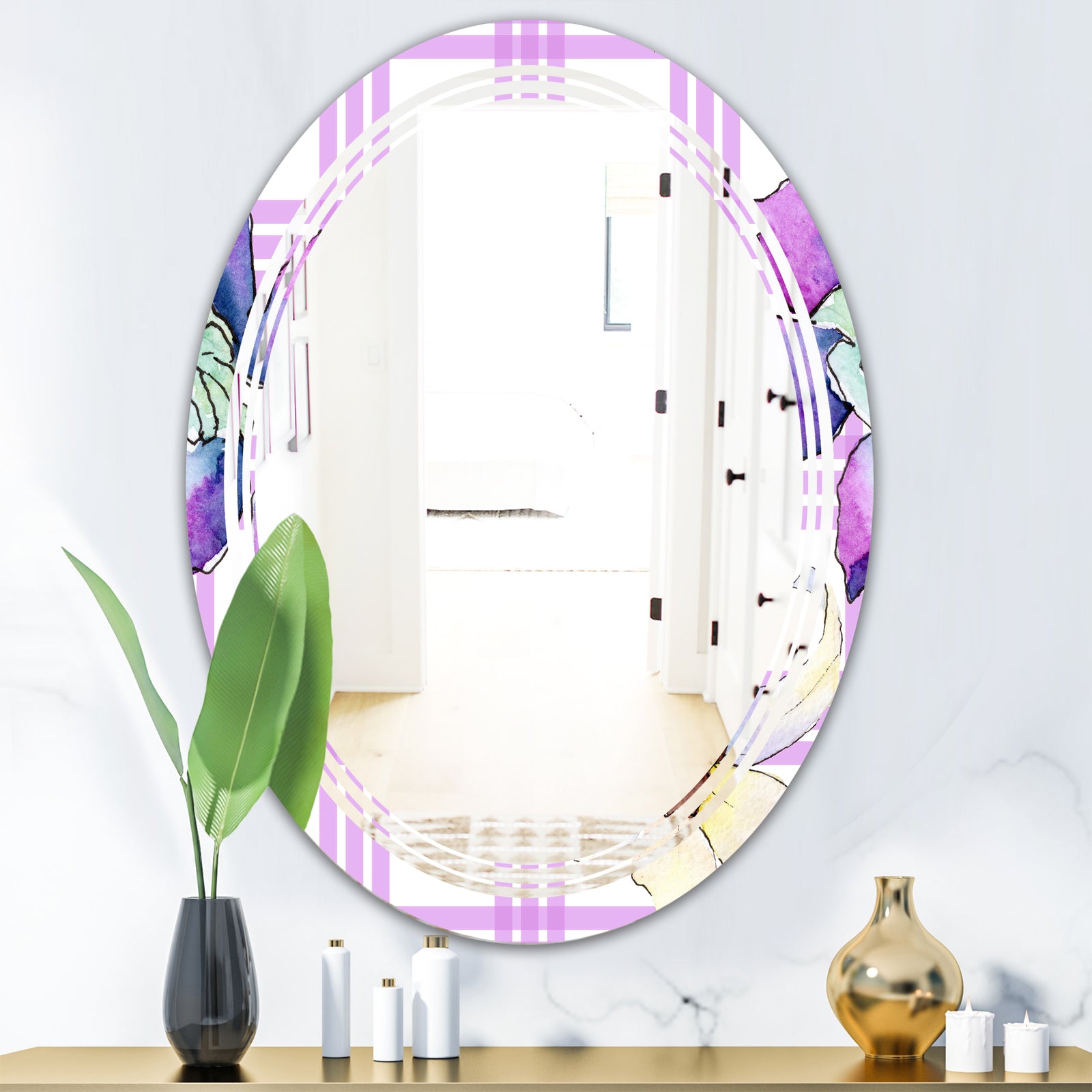 Floral Botanical Retro VII - Modern Round or Oval Wall Mirror - Triple C