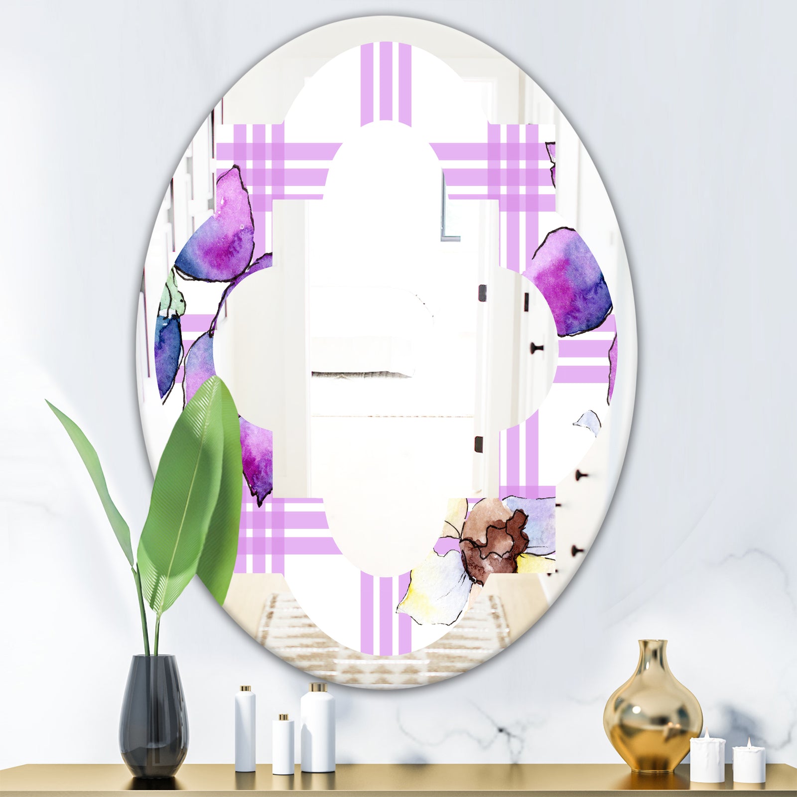 Floral Botanical Retro VII - Modern Round or Oval Wall Mirror - Quatrefoil