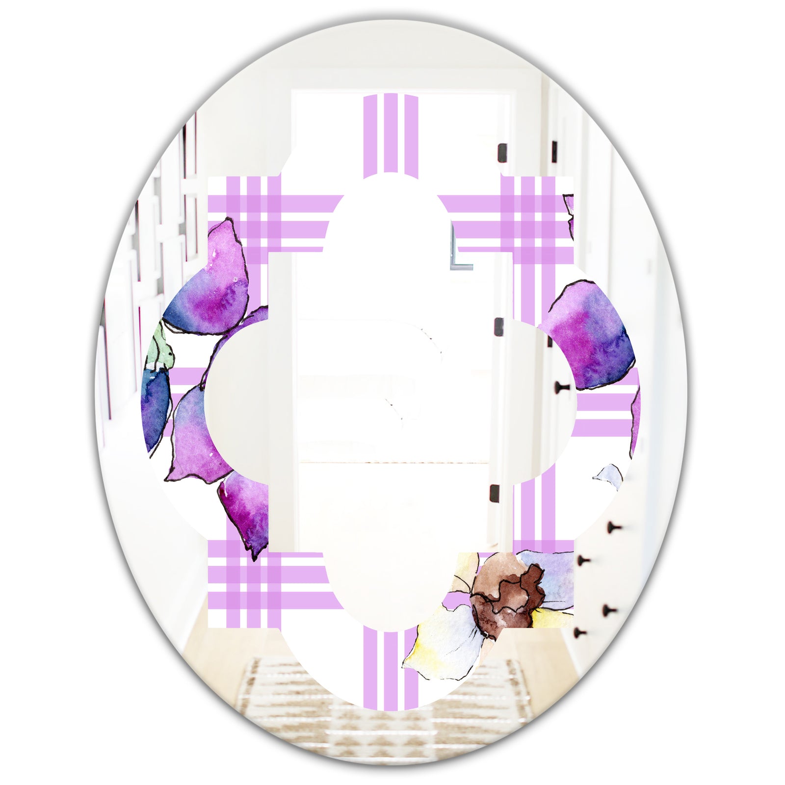 Floral Botanical Retro VII - Modern Round or Oval Wall Mirror - Quatrefoil