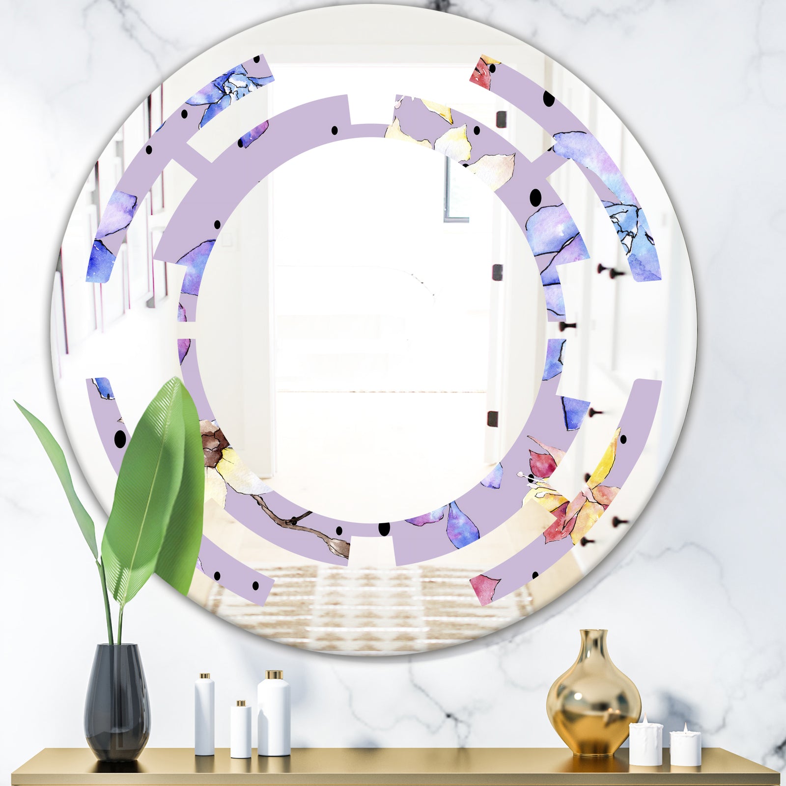 Floral Botanical Retro V - Modern Round or Oval Wall Mirror - Space